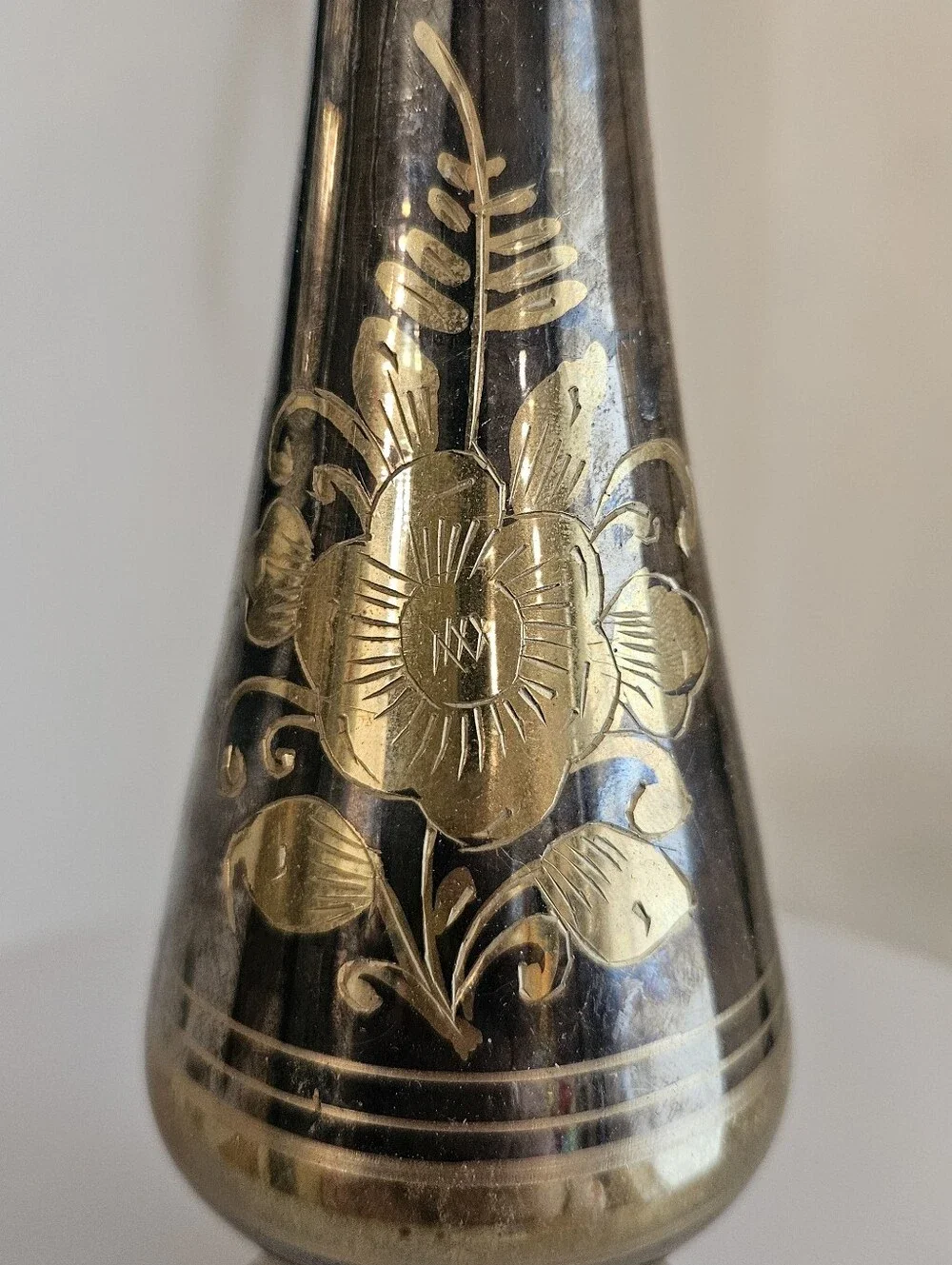 Vintage Brass Floral Etched Vase